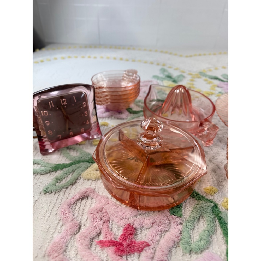 Vintage Pink Depression Glass Set Gilbert Clock Sunkist Juicer Candy Dish 13 pc - Picture 7 of 16